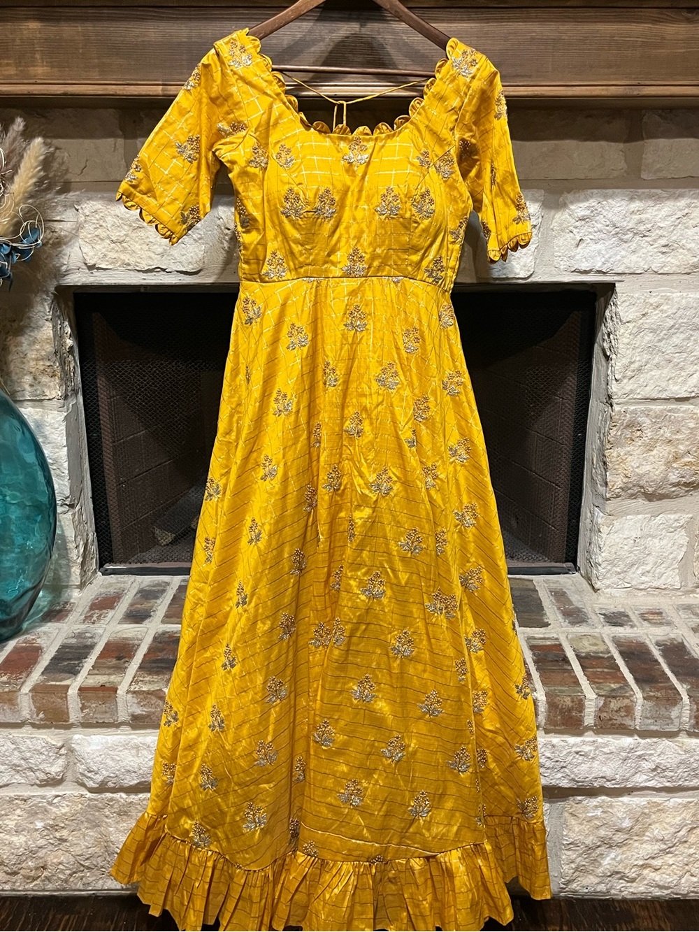 Mustard Yellow Embroidered Anarkali Maxi Gown Handmade